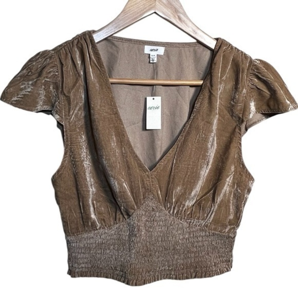 Aerie Crushed Velvet Crop Top Gold Tan Flutter Sleeve Size Small NWT